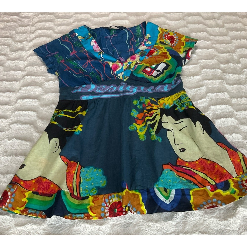 Desigual Women's Size M Japan Art Geisha Mini Dress / Tunic Tie Back Colorful - Picture 8 of 16